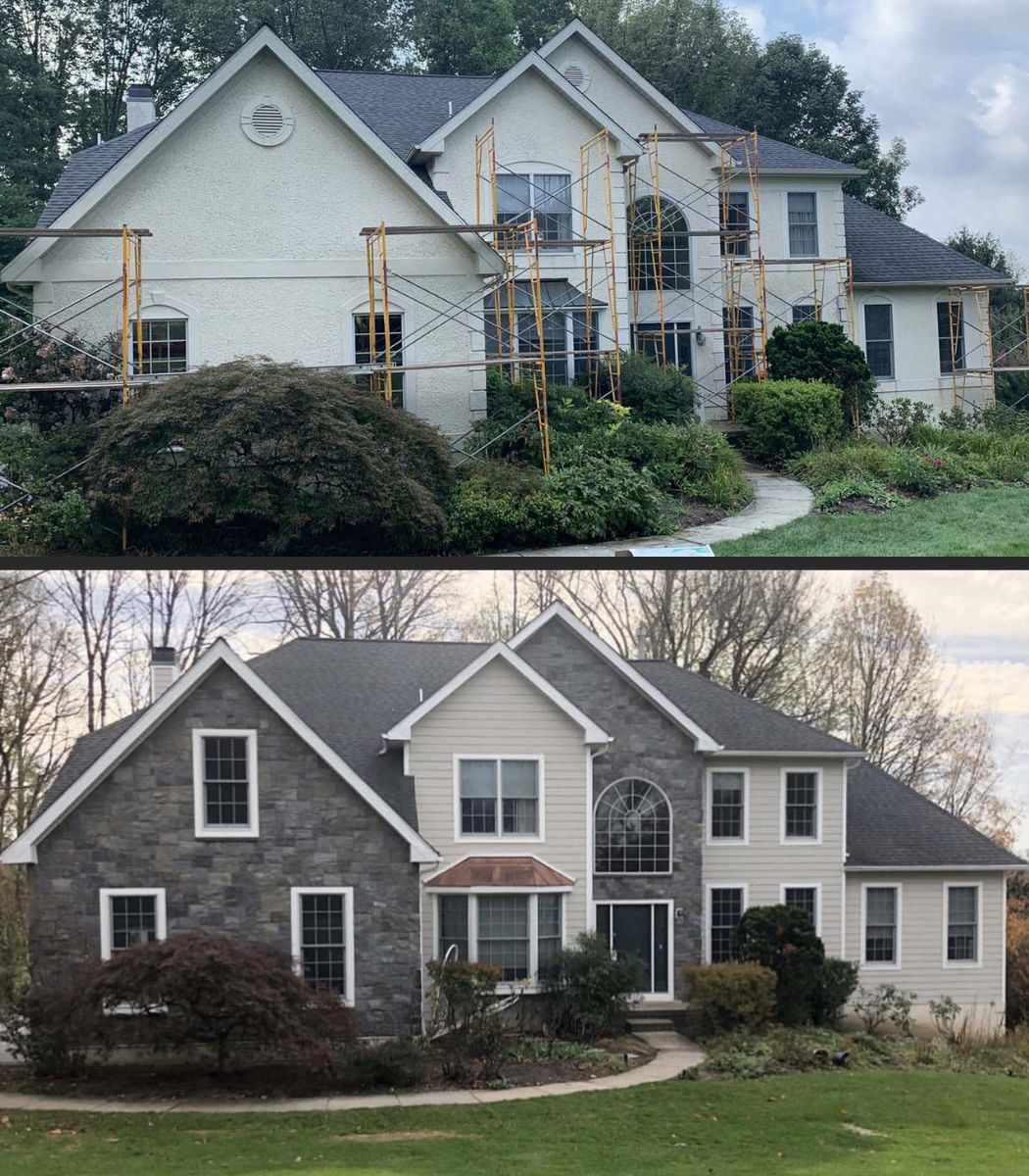 Photos of house, before and after stucco and siding replacement | Signs your home needs stucco replacement | Kenny Construction